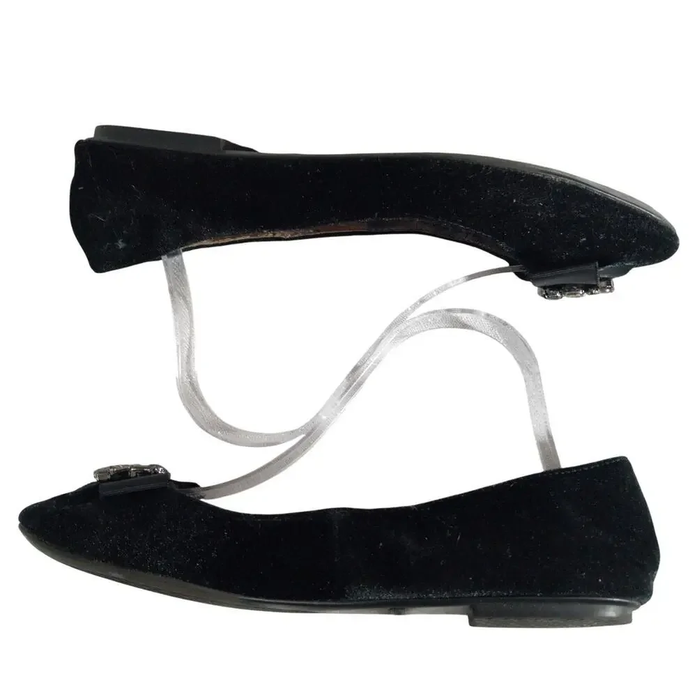 LANDS' END! BLACK VELVET & GROSGRAIN RIBBON BOW, RHINESTONE FLATS! SZ 9.5B
